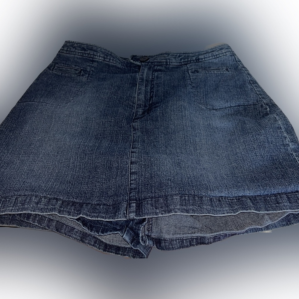 Denim mini skirt.